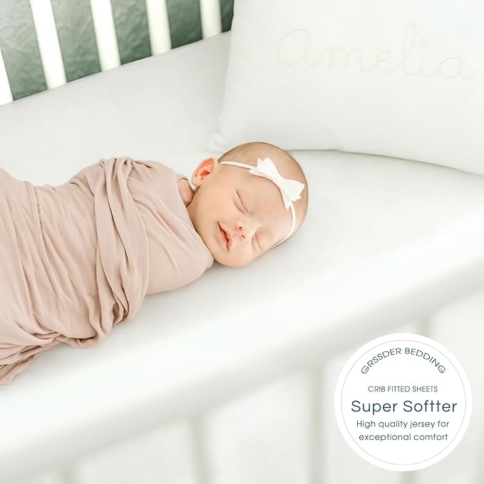 GRSSDER Jersey Crib Sheets for Boys and Girls, Stretchy Ultra Soft Crib Fitted Sheets Set 2 Pack, Universal Fit All Standard Crib Mattress Pads Safe and Snug, Natural White