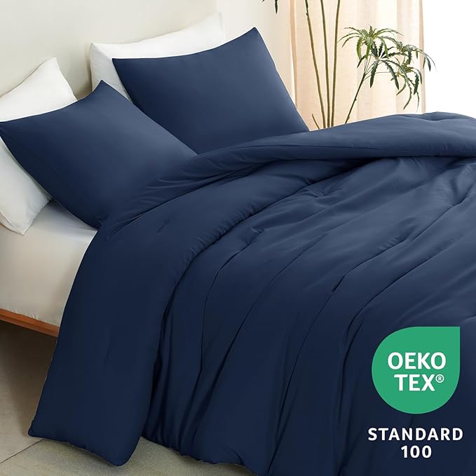 CozyLux California King Comforter Set Navy Blue, 3 Pieces Cal King Solid Breathable Quilted Bedding Sets, Luxury Soft Bed Set with Down Alternative Comforter and 2 Pillowcases for All Season