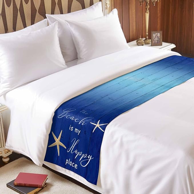 Happy Beach Place Marine Starfish Bed Runners for Bedroom Hotel,Decorative Bedding Scarf Gradient Blue Wood Grain Bed End Blanket Bedding Runner Scarves for Twin Size Bed,71x20in
