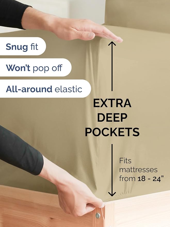 Extra Deep Twin Sheet Set - 4 Piece Breathable and Cooling Sheets - Hotel Luxury Bedding for Women, Men, Kids & Teens - Easy & Secure Fit - Soft, Wrinkle Free and Comfy - Extra Deep Pockets - Beige
