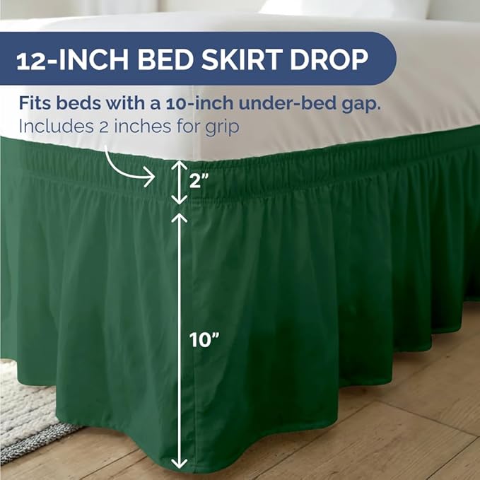 Wrap Around Dust Ruffle Bed Skirt - Emerald - Twin/Twin XL Size Beds w/ 12 Inch Drop - Easy Fit Elastic Strap - Adjustable Pleated Bedskirt w/Brushed Fabric - Wrinkle Free - Women, Men, Kids & Teens