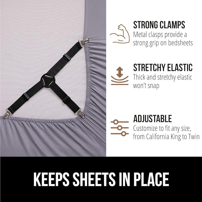 GORILLA GRIP Patent Pending Bed Sheet Holders, Adjustable Elastic Fasteners with Metal Clips, Keep in Place Fitted Bedding Straps, Firm Tight Suspenders for Mattress, US Designed, 8 Pack Black