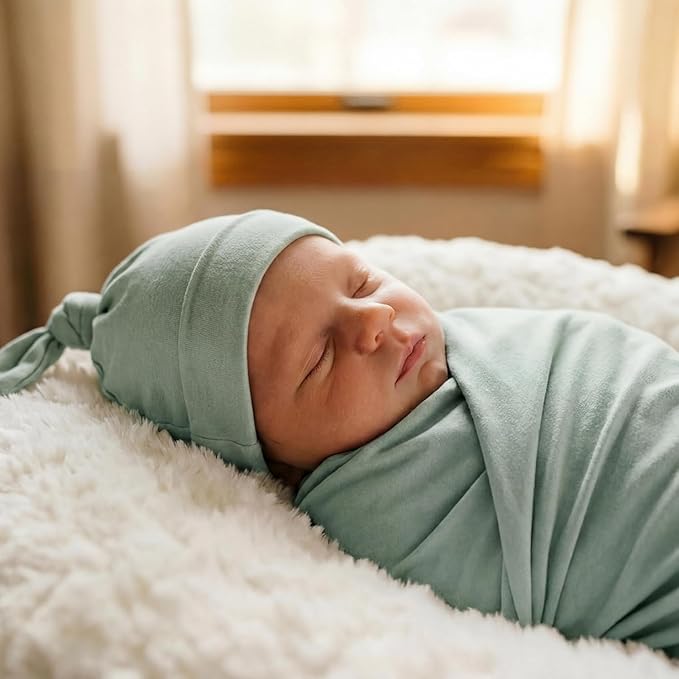 Large Jersey Knitted Swaddle Blanket for Baby, Soft Stretchy Receiving Blanket for Newborns with Hat, Baby Nursery Swaddle 47 x 47 inches(Seafoam)