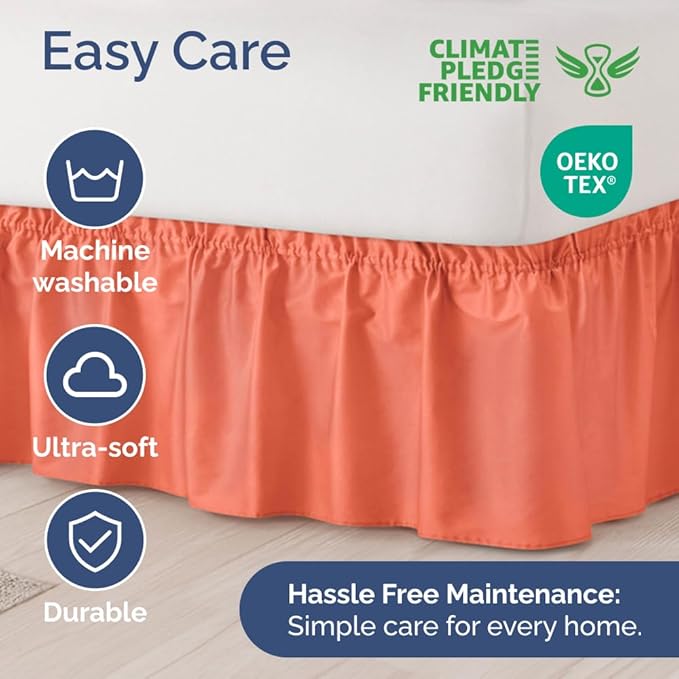 Wrap Around Dust Ruffle Bed Skirt - Coral - for Queen Size Beds with 12 Inch Drop - Easy Fit Elastic Strap - Adjustable Pleated Bedskirt w/Brushed Fabric - Wrinkle Free - for Women, Men, Kids & Teens
