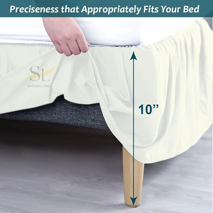 Shreem Linen Ruffled Bed Skirt with Split Corners, Gathered Style, 100% Microfiber, 10-Inch Drop, Dust Ruffle Bedskirt with Platform, Queen, Ivory