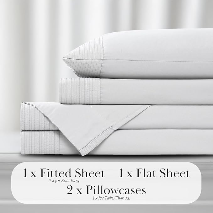 Southshore Fine Living, Inc. Pleated Hem, 4-Piece, 21 Inch Extra Deep Pocket Sheets Full Size Set with Embroidered Decorative Hem, for Thick Mattress, Easy Care Microfiber, Bright White