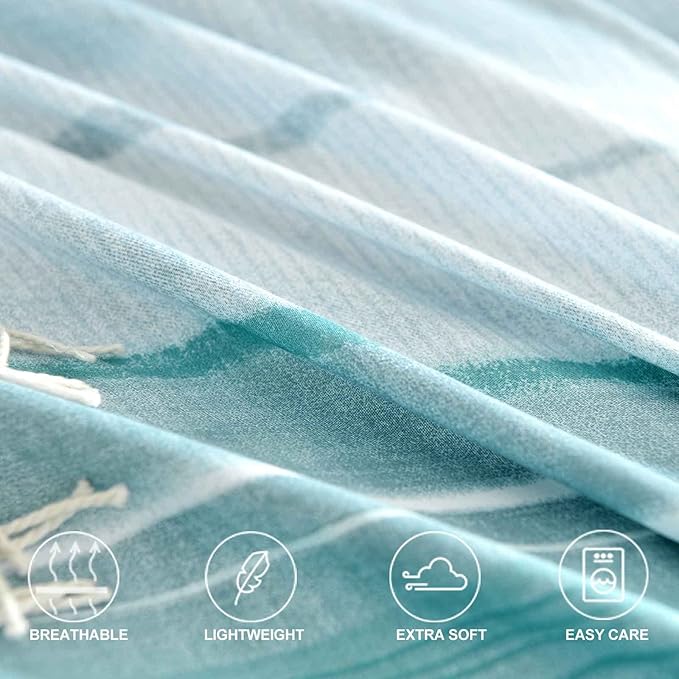 Faincy 7 Pcs King Size Comforter Set with Sheets, Blue, Grey and Teal Striped Pattern Print Alternative Bed Sets - 104 x 90 Soft Microfiber Modern Abstract Bedding in a Bag for Women Men, Gray