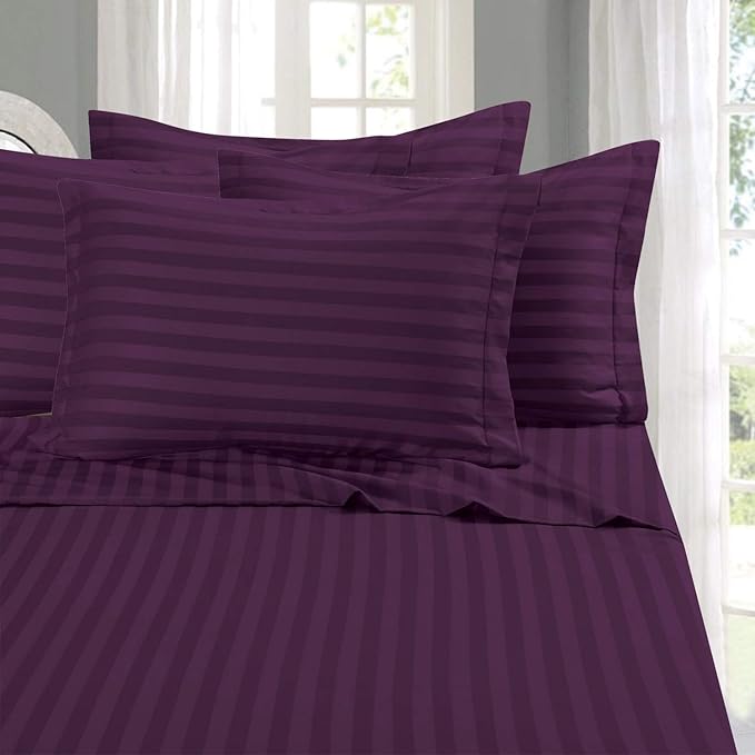 Elegant Comfort Softest and Coziest 4-Piece Sheet Set - 1500 Premium Hotel Quality Microfiber - Luxurious Wrinkle Resistant 4-Piece Damask Stripe Bed Sheet Set, Twin, Eggplant/Purple