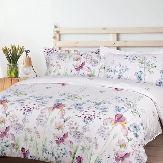 Nanko King Duvet Cover Set, White Red Blue Floral & Green Leaf Print Pattern 3 Piece - Microfiber Bedding Comforter Quilt Cover Zip Closure, Tie - Modern Style for Men and Women, 104X90 inch Flower