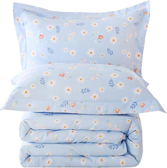 Yibeizi Blue Floral Comforter Set for Girls Twin, Kids Cute Printed Bedding Set with Pillow Sham, Lightweight Soft Breathable Machine Washable Quilted Bed Comforter Set 2 Piece