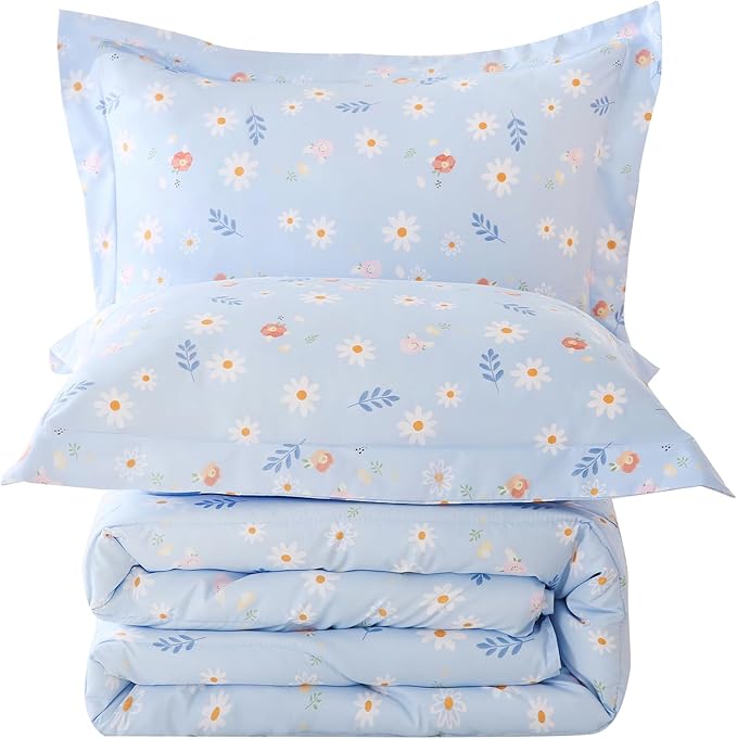 Yibeizi Blue Floral Comforter Set for Girls Full Size, Kids Cute Patterned Bedding Set with Pillow Sham, Lightweight Soft Breathable Machine Washable Quilt Bed Comforter Set 3 Piece