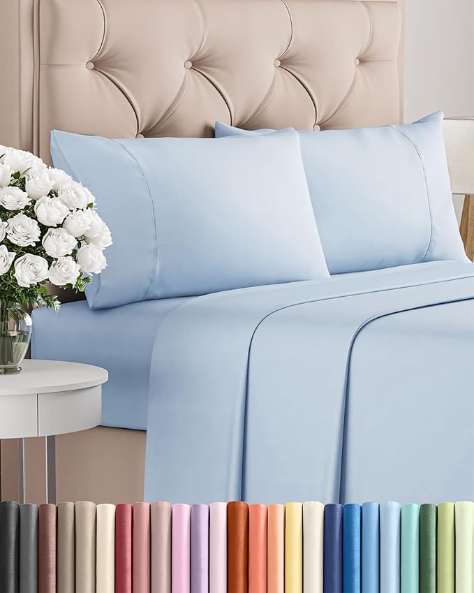 Twin 4 Piece Sheet Set - Comfy Breathable & Cooling - Ultra Soft Hotel Luxury Bedding Set w/ 8-16 Inch Deep Pockets - 1 Flat & 1 Fitted Sheet & 2 Pillowcases - Wrinkle Free and Easy Care - Sky Blue