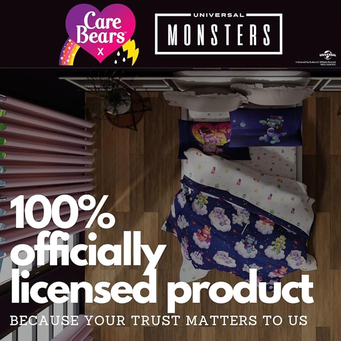 Care Bears x Universal Monsters Halloween Bedding 7 Piece Super Soft Cozy Reversible Comforter and Sheet Set with Sham, Full, (Officially Licensed Product) by Franco
