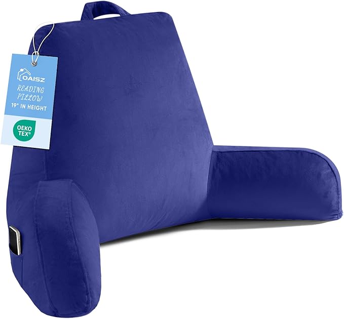 Reading Pillow for Sitting in Bed Adult, Reading Pillow with Shredded Memory Foam, Bed Pillow with Washable Cover, Back Pillow Sitting Up with Extend Arms, Navy, X-Large