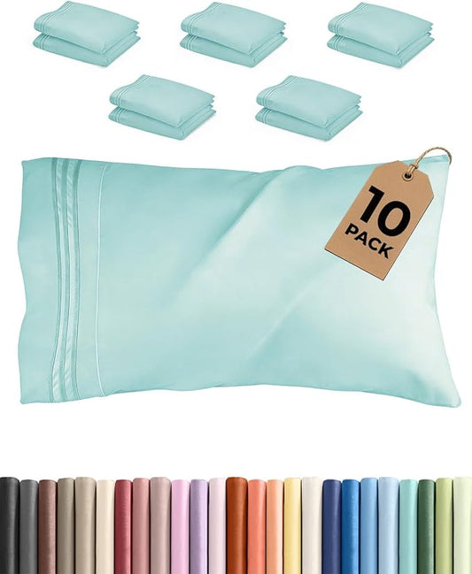 Queen Pillow Cases Set of 10 - Ultra Soft Hotel Quality Pillowcase Covers - Comfy, Cozy & Wrinkle Free - Shrink, Stain and Fade Resistant - Machine Washable Pillow Protectors - 10 Pcs Set - Spa Blue