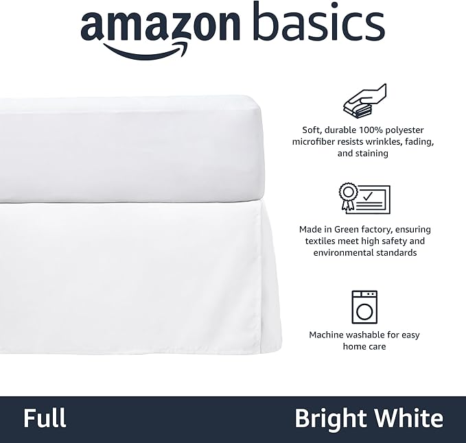 Amazon Basics Lightweight Pleated Bed Skirt, Full, Bright White, Solid (Pack of 8)