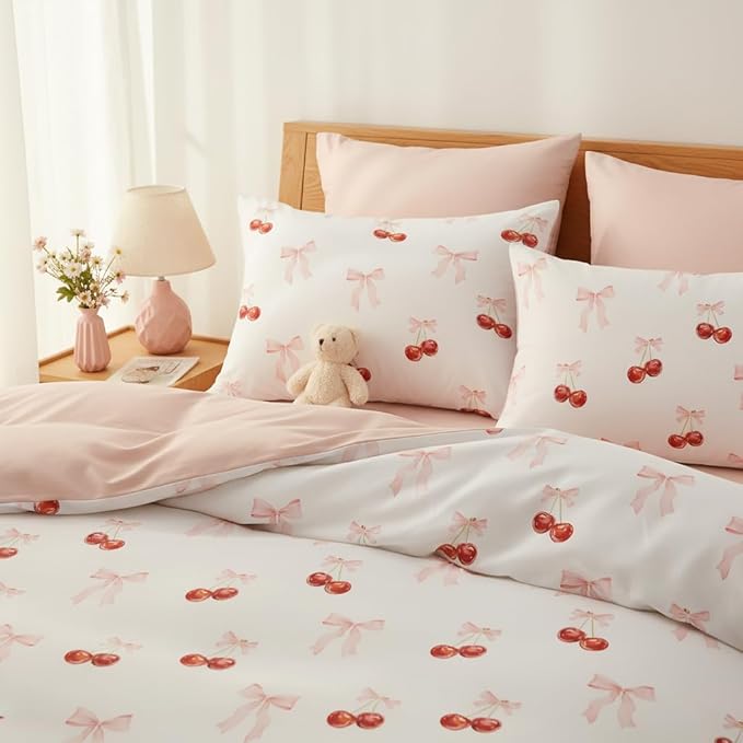 Nayoroom Pink Bow Duvet Cover Queen Size Reversible Red Cherry Duvet Cover 3 Pieces Soft Lightweight Microfiber Kids Girls Cute Aesthetic Dorm Bedding Set