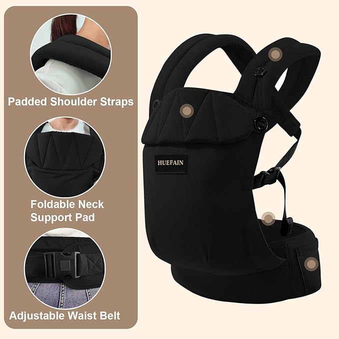Baby Carrier (7–44 lbs), Soft Breathable Double-Shoulder Carrier with Adjustable Support, Ergonomic Design for Hip Positioning, Comfort Waist Support, Lightweight Hands-Free Baby Carrier (Black)