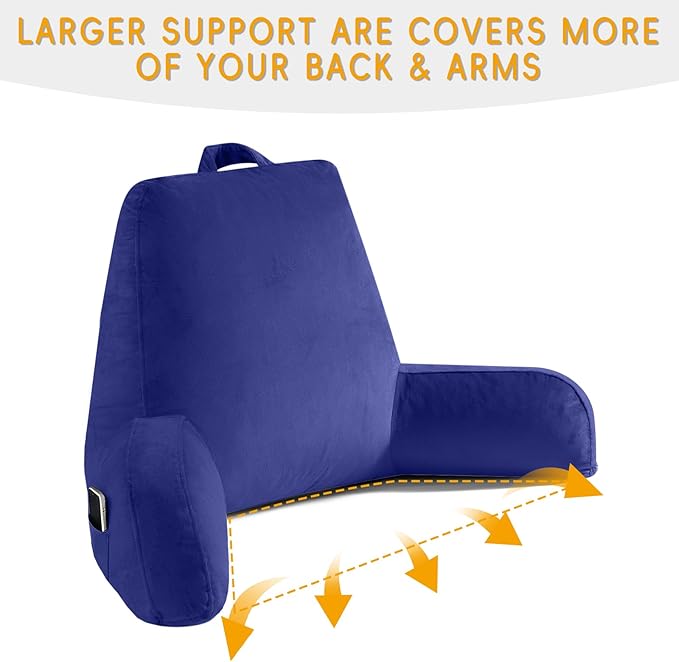 Reading Pillow for Sitting in Bed Adult, Reading Pillow with Shredded Memory Foam, Bed Pillow with Washable Cover, Back Pillow Sitting Up with Extend Arms, Navy, X-Large
