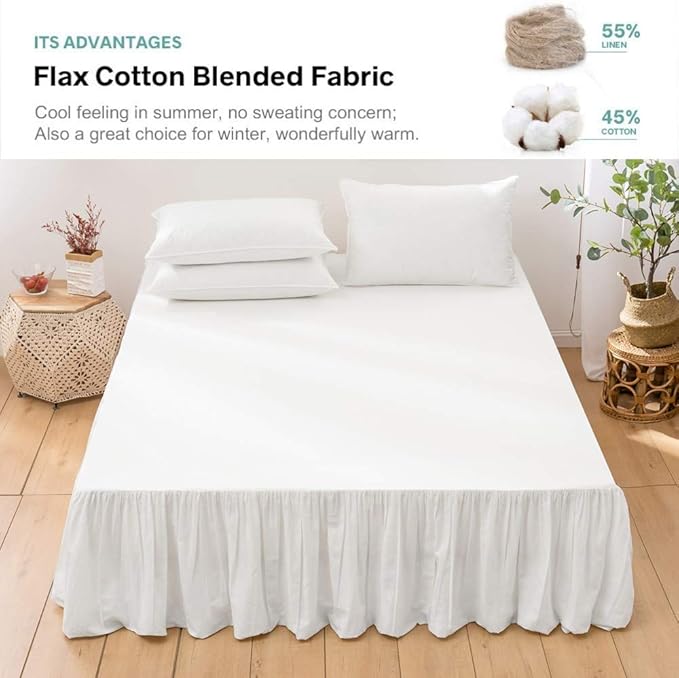 BISELINA French Linen Bed Skirt with Pleated Frills 14-Inch Tailored Drop Natural Flax Cotton Blend Dust Ruffle Soft Cozy Farmhouse Bedding (14" King, White)