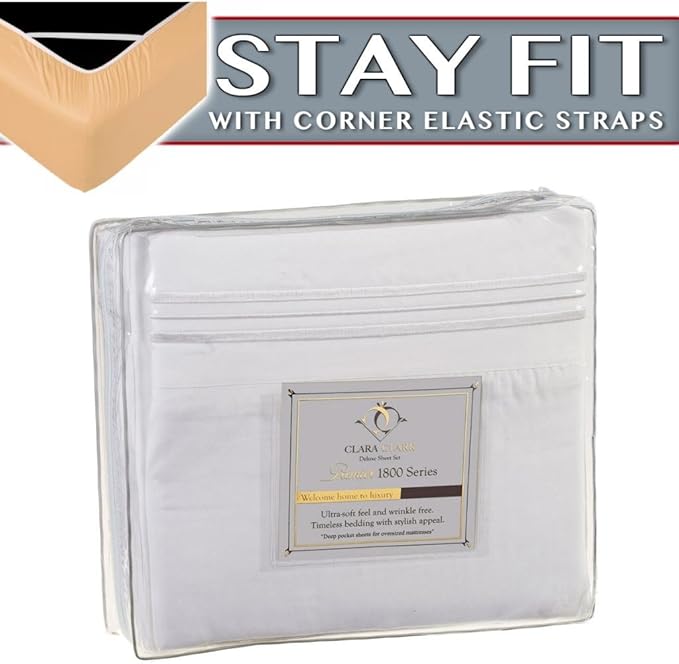 Clara Clark 1800 Series Bed Sheet Sets - Stay fit on Mattress with Elastic Straps at Corners - Queen, White