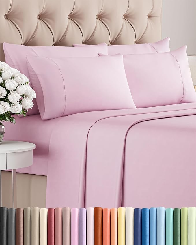 Full 6 Piece Sheet Set - Comfy Breathable & Cooling - Ultra-Soft Hotel Luxury Bedding Set with 8-16 Inch Deep Pockets - 1 Flat & 1 Fitted Sheet & 4 Pillowcases - Wrinkle Free & Easy Care - Light Pink