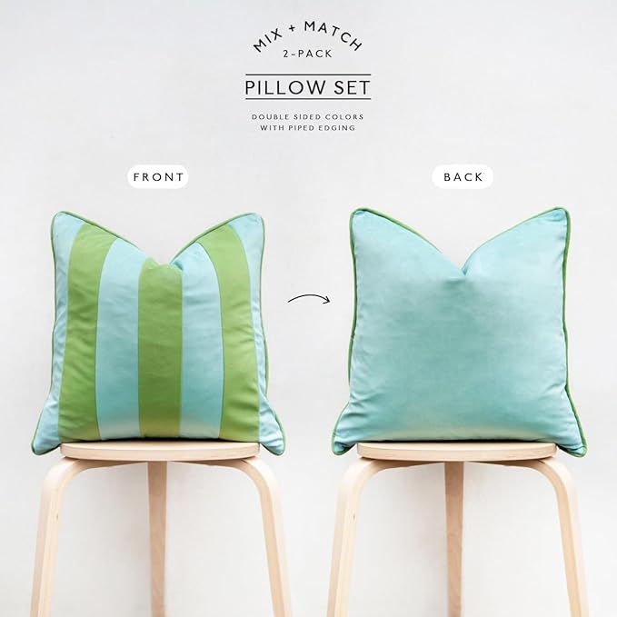 MONDAY MOOSE Decorative Throw Pillow Covers Cushion Cases, Set of 2 Soft Velvet Striped Piping Edge Designs, Pillow Inserts Not Included (16x16 inch, Light Green/Light Blue)