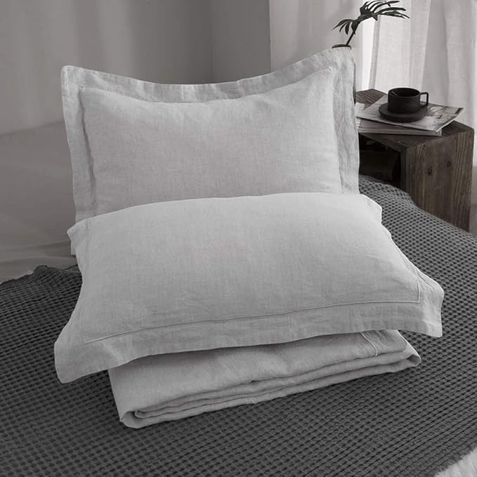 Simple&Opulence 100% Linen Duvet Cover Set with Embroidery Border Washed - 3 Pieces (1 Duvet Cover with 2 Pillow Shams) with Button Closure Soft Breathable Farmhouse - Light Grey, Full Size