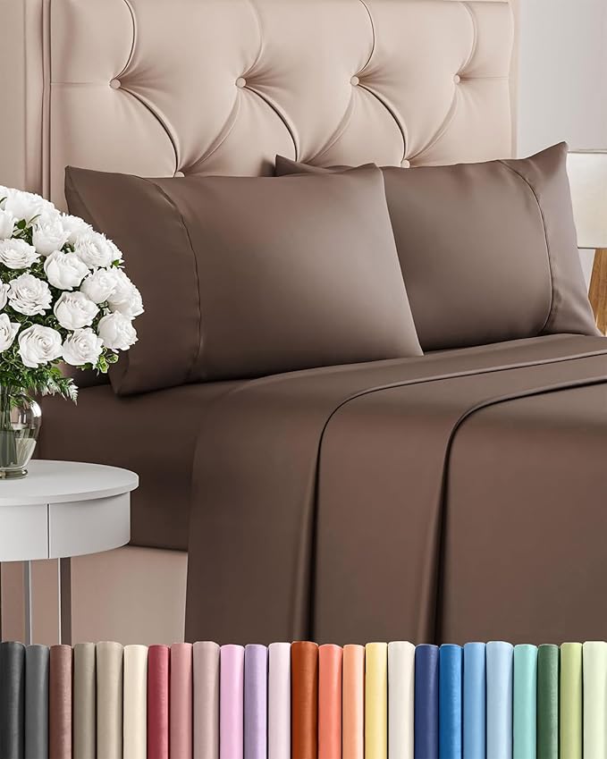 Twin 4 Piece Sheet Set - Comfy Breathable & Cooling - Ultra Soft Hotel Luxury Bedding Set with 8-16 Inch Deep Pockets - 1 Flat & 1 Fitted Sheet & 2 Pillowcases - Cozy, Wrinkle Free & Easy Care - Brown