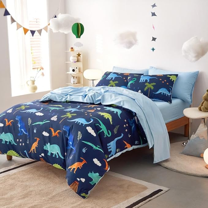 Wake In Cloud - Dinosaur Bedding Set for Boys, Cute Colorful Dinosaur Soft Lightweight Comforter Set with Sheets, 5 Pieces Kids Bed in a Bag, Navy Blue, Twin Size