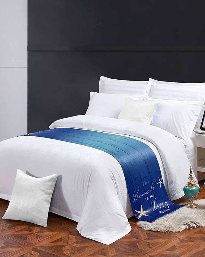 Happy Beach Place Marine Starfish Bed Runners for Bedroom Hotel,Decorative Bedding Scarf Gradient Blue Wood Grain Bed End Blanket Bedding Runner Scarves for Queen Size Bed,94x20in
