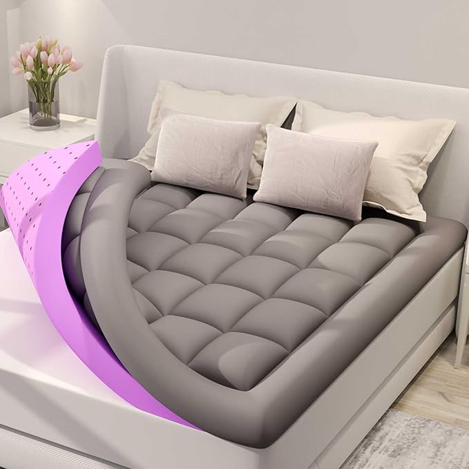 BDEUS Dual Layer 5 Inch Memory Foam Mattress Topper Full Size, 2 Inch Gel Memory Foam Plus 3 Inch 1450 GSM Down Alternative Quilted Pillow Top Mattress Pad Cover,Dark Gray