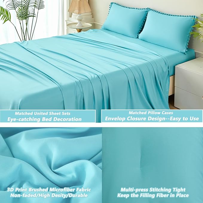 PERFEMET 5 Pcs Full Size Bedding Set for Girls Teal Blue Pom Pom Cute Bed in A Bag for Kids Teen Soft All Season Fluffy Boho Solid Bedding Comforters with Sheet Set(Teal Blue, Full)