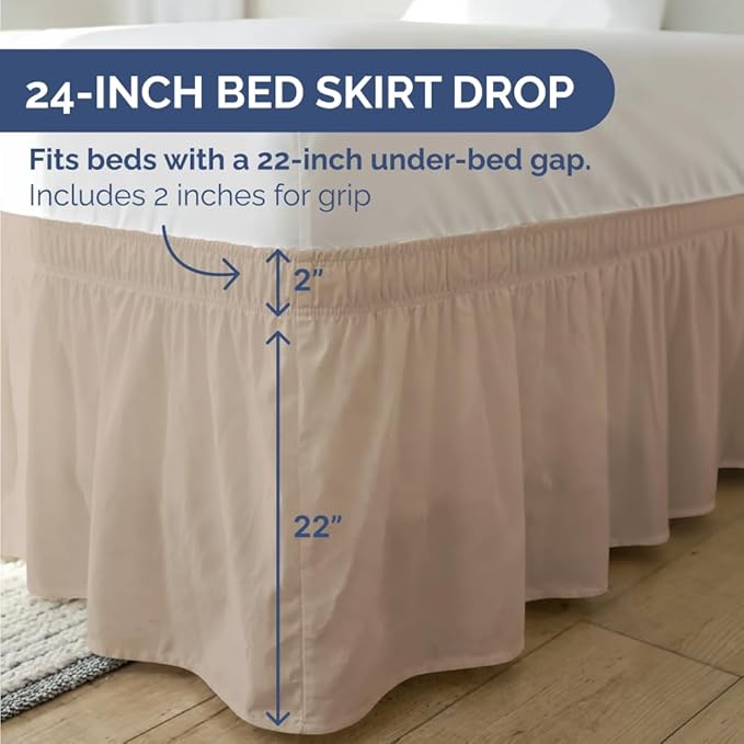 Wrap Around Dust Ruffle Bed Skirt - Cream - Twin/Twin XL Size Beds with 24 Inch Drop - Easy Fit Elastic Strap - Adjustable Pleated Bedskirt w/Brushed Fabric - Wrinkle Free - Women, Men, Kids & Teens