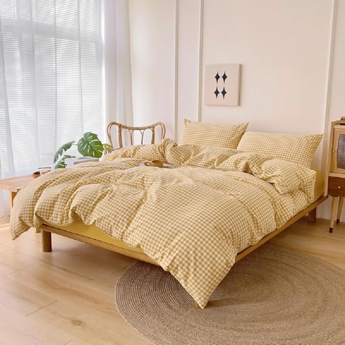 LifeTB Yellow Gingham Comforter King Comforter Set Geometric Checkered Plaid Bedding Comforter with 2 Pillowcases Fluffy Soft Lightweight Bedding Boho Grid Plaid Comforter Set King for All Seasons