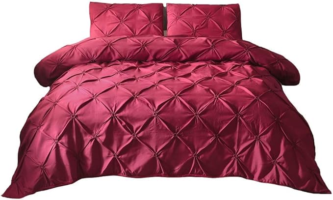 Feelyou Pinch Pleated Duvet Cover Set King 3 Pieces Pintuck Bedding Set Modern Geometric Pintuck Tufted Comforter Cover with 2 Pillow Shams Microfiber Bed Cover Solid Red Chic Decorative Zipper