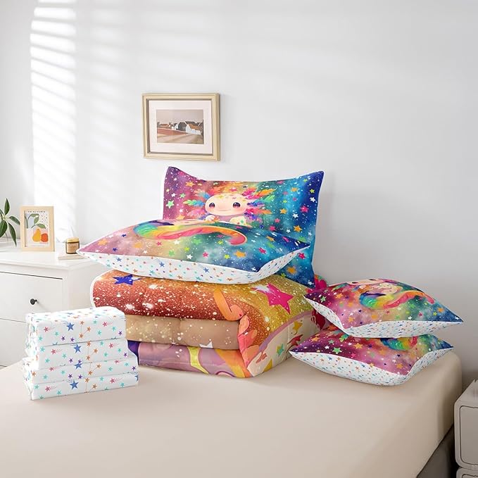 Feelyou Kids Cute Axolotl 7 Pieces Bedding Set King Size, Cartoon Animal Bed in A Bag Boys Girls Kawaii Ocean Sealife Comforter Set with Sheets Rainbow Teens Bed Set Bedroom Decor 7Pcs