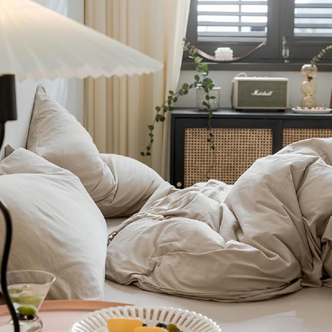 Boho Beige Duvet Cover Jersey Knit Cotton Bedding Duvet Cover Set Full Size Solid Color 3 Pieces Bedding Set Apricot Khaki Comforter Cover Breathable Soft Farmhouse Bedding Set with Zipper Closure