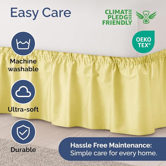 Wrap Around Dust Ruffle Bed Skirt - Yellow - for King Size Beds with 12 Inch Drop - Easy Fit Elastic Strap - Adjustable Pleated Bedskirt w/Brushed Fabric - Wrinkle Free - for Women, Men, Kids & Teens