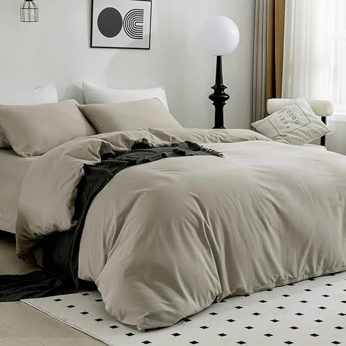 JELLYMONI Cotton Duvet Cover King Size - 100% Washed Cotton Comforter Cover, 3 Pieces Lightweight Soft Bedding Set with Zipper Closure (Linen Grey, King 104"x90")