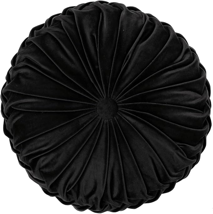 Lush Decor Round Pleated Soft Velvet Decorative Throw Pillow, 1 Count, 15" Diameter, Black - Plush Round Pillow, Seat Cushion, Decorative Pillows For Bed, Couch, Or Chair