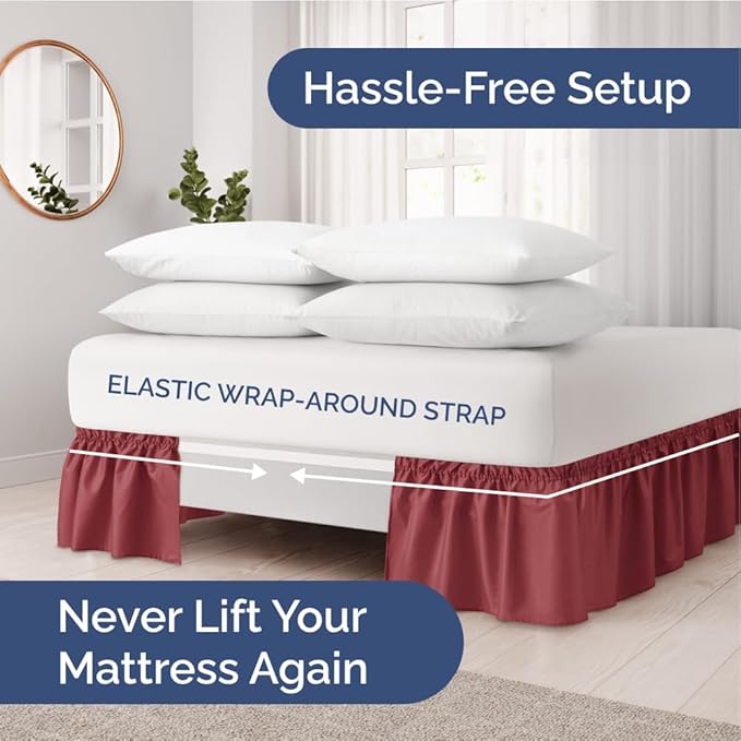 Wrap Around Dust Ruffle Bed Skirt - Burgundy - for Full Size Beds with 24 Inch Drop - Easy Fit Elastic Strap - Adjustable Pleated Bedskirt w/Brushed Fabric Wrinkle Free - for Women, Men, Kids & Teens
