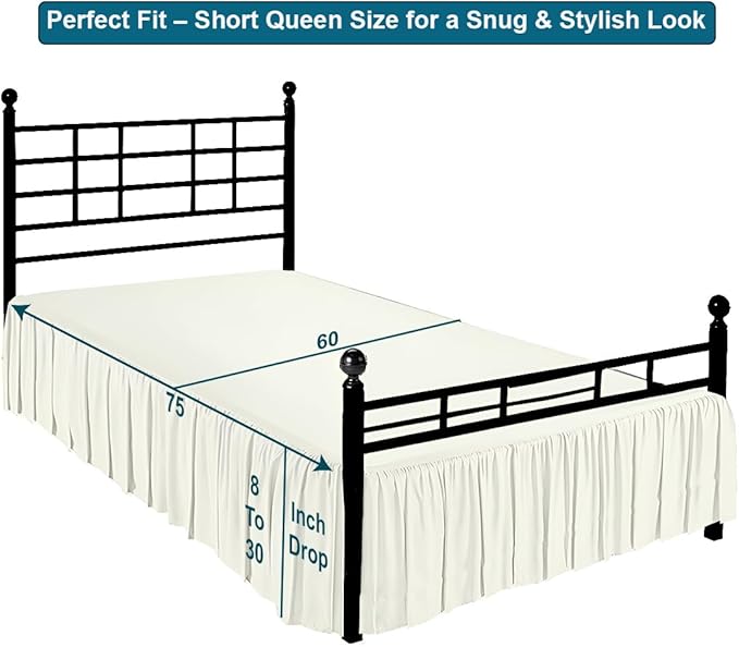 Shreem Linen Ruffled Bed Skirt with Split Corners, Gathered Style, 100% Microfiber, 8-Inch Drop, Dust Ruffle Bedskirt with Platform, Short Queen, Ivory