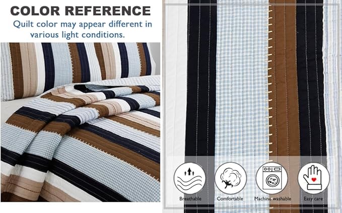 Cozy Line Home Fashions Sailor Navy Blue Star Striped Print Cotton Reversible Bedding Quilt Set (Nathan Stripe, King)