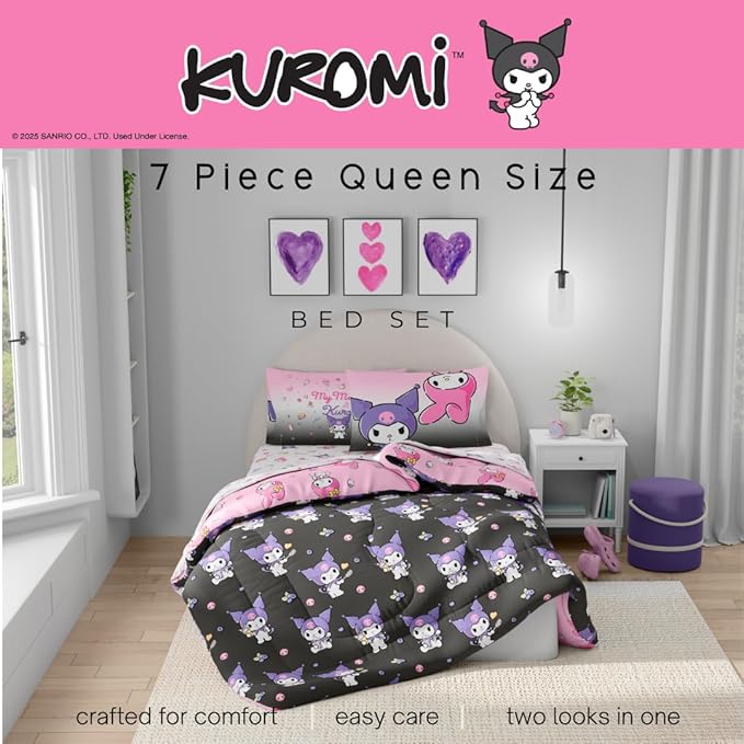 Sanrio Kuromi & My Melody Bedding 7 Piece Super Soft Cozy Reversible Comforter and Sheet Set with Sham, Queen, (100% Official Licensed Product) by Franco