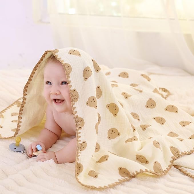 Double Layered 100% Cotton Muslin Baby Blanket Ultra-Soft 40x40 Inch Swaddling Nursery Crib Blanket(Cute Bear)
