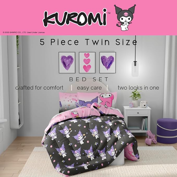 Sanrio Kuromi & My Melody Bedding 5 Piece Super Soft Cozy Reversible Comforter and Sheet Set with Sham, Twin, (Officially Licensed Product) by Franco