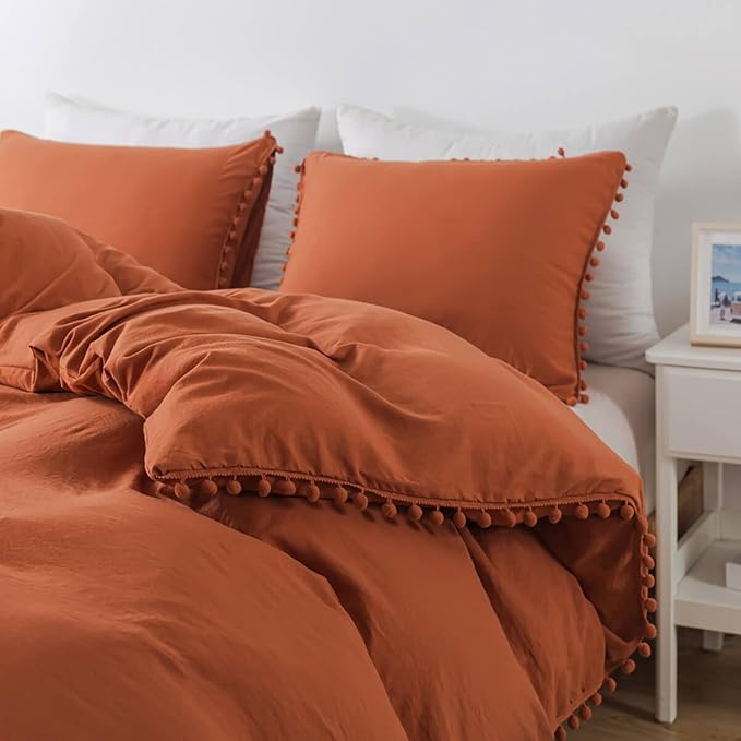TanNicoor Pom Fringe Duvet Cover Set - 3 Piece Natural Ultra SOFE Color Washed Microfiber Bedding Set, Modern Style Down Comforter Quilt Cover with Zipper Closure(Twin, Terracotta)
