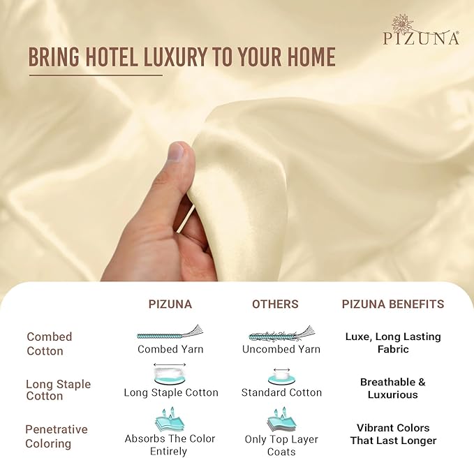 Pizuna Pure 100% Cotton Sheets California King Size, Luxurious 400 Thread Count Long Staple Cotton Sateen Sheets with 15" Deep Pocket (Combed Ivory Sheet California King)