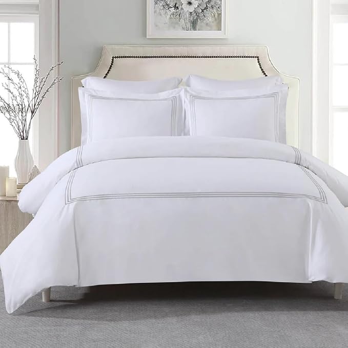 Royal Hotel Bedding Embroidered Adeline 3 Piece Comforter Set with Pillow Shams and Down Alternative Comforter (Duvet Insert) Duvet Cover Set, 100% Cotton Percale, Twin/Twin XL, White and Gray